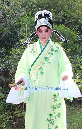 Traditional China Beijing Opera Niche Costume Lang Scholar Embroidered Robe and Headwear, Ancient Chinese Peking Opera Embroidery Green Xiucai Gwanbok Clothing