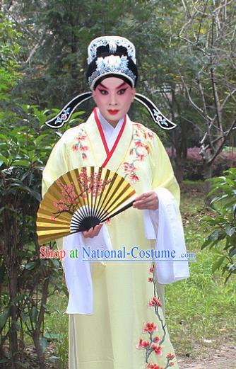 Traditional China Beijing Opera Niche Costume Scholar Embroidered Robe and Headwear, Ancient Chinese Peking Opera Embroidery Yellow Xiucai Gwanbok Clothing