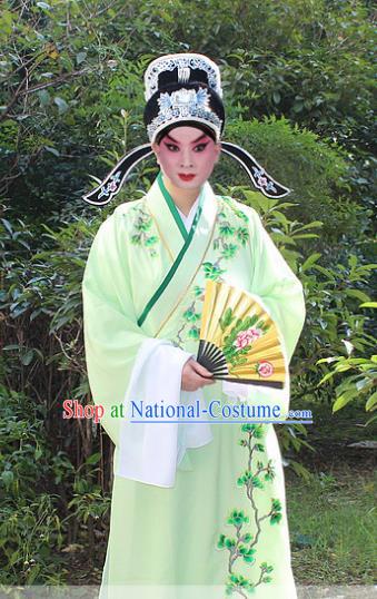 Traditional China Beijing Opera Niche Costume Scholar Embroidered Robe and Headwear, Ancient Chinese Peking Opera Embroidery Green Xiucai Gwanbok Clothing