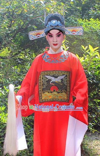 Traditional China Beijing Opera Niche Costume Lang Scholar Embroidered Robe and Headwear, Ancient Chinese Peking Opera Embroidery Magistrate Red Gwanbok Clothing