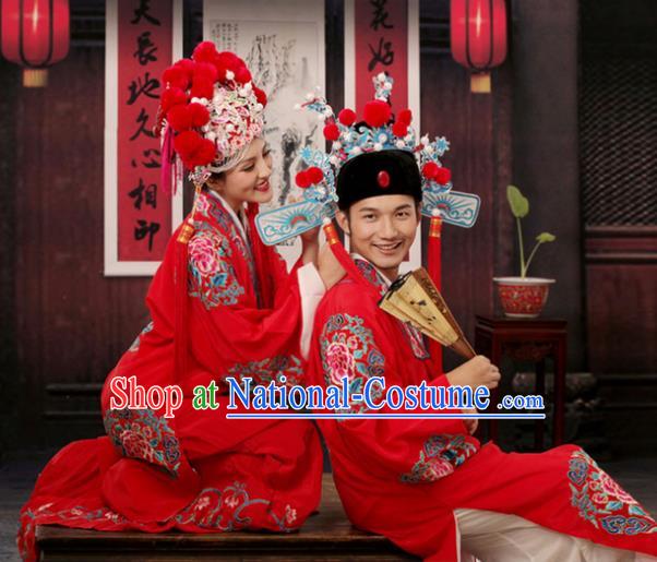 Traditional China Beijing Opera Costume Groom and Bride Embroidered Robe and Headwear, Ancient Chinese Peking Opera Embroidery Clothing