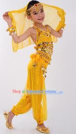 Traditional Indian Classical Dance Belly Dance Costume, India China Uyghur Nationality Dance Clothing Yellow Paillette Uniform for Kids