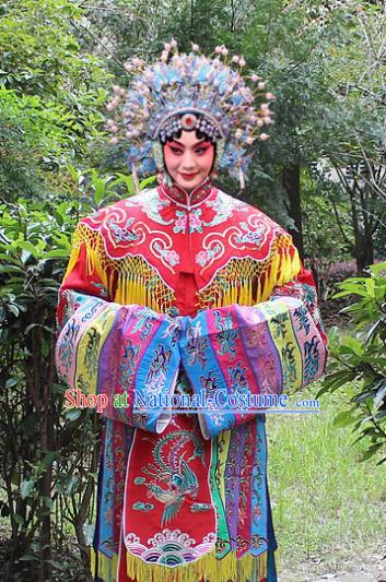 Traditional China Beijing Opera Palace Lady Hua Tan Costume Imperial Princess Red Embroidered Robe and Headwear, Ancient Chinese Peking Opera Female Diva Embroidery Dress Clothing