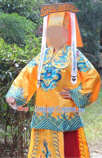 Traditional China Beijing Opera Takefu Costume Imperial Bodyguard Yellow Embroidered Robe and Hat, Ancient Chinese Peking Opera Embroidery Gwanbok Clothing