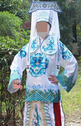 Traditional China Beijing Opera Takefu Costume Imperial Bodyguard White Embroidered Robe and Hat, Ancient Chinese Peking Opera Embroidery Gwanbok Clothing