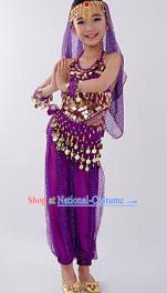 Traditional Indian Classical Dance Belly Dance Costume, India China Uyghur Nationality Dance Clothing Purple Paillette Uniform for Kids