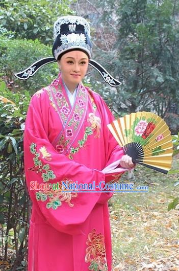 Traditional China Beijing Opera Niche Costume Scholar Peach Pink Embroidered Robe and Hat, Ancient Chinese Peking Opera Embroidery Chrysanthemum Clothing