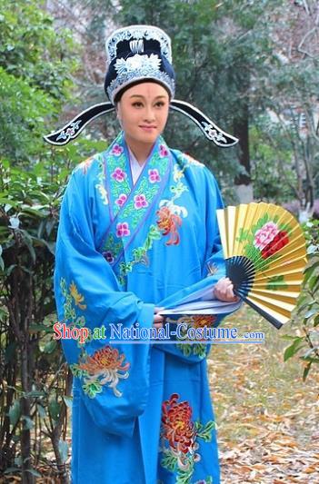 Traditional China Beijing Opera Niche Costume Scholar Blue Embroidered Robe and Hat, Ancient Chinese Peking Opera Embroidery Chrysanthemum Clothing