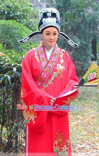 Traditional China Beijing Opera Niche Costume Scholar Red Embroidered Robe and Hat, Ancient Chinese Peking Opera Embroidery Chrysanthemum Clothing