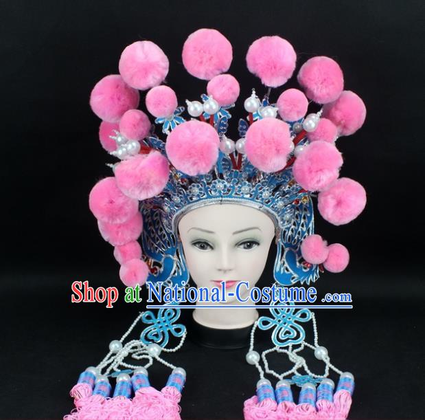 Traditional China Beijing Opera Swordplay Hair Accessories Pink Venonat Hat, Ancient Chinese Peking Opera Blues Headwear Phoenix Coronet