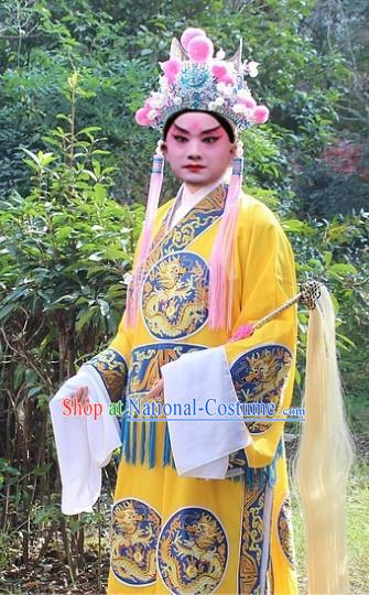 Traditional China Beijing Opera Costume Eunuch Yellow Embroidered Robe and Headwear, Ancient Chinese Peking Opera Embroidery Gwanbok Clothing