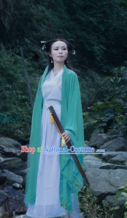 Traditional Ancient Chinese Swordswoman Costume Green Wide Sleeve Cardigan, Elegant Hanfu Clothing Chinese Jin Dynasty Fairy Dress Clothing for Women