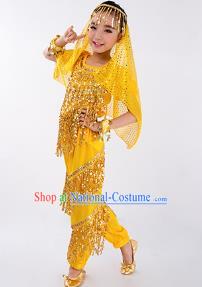 Traditional Indian Classical Dance Belly Dance Costume and Headwear, India China Uyghur Nationality Dance Clothing Yellow Uniform for Kids