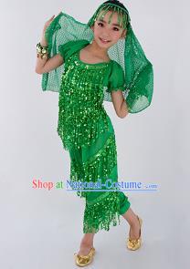 Traditional Indian Classical Dance Belly Dance Costume and Headwear, India China Uyghur Nationality Dance Clothing Green Uniform for Kids