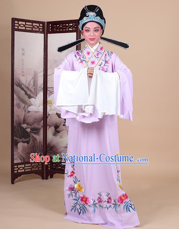 Traditional China Beijing Opera Niche Costume Lang Scholar Embroidered Purple Robe and Headwear, Ancient Chinese Peking Opera Embroidery Clothing