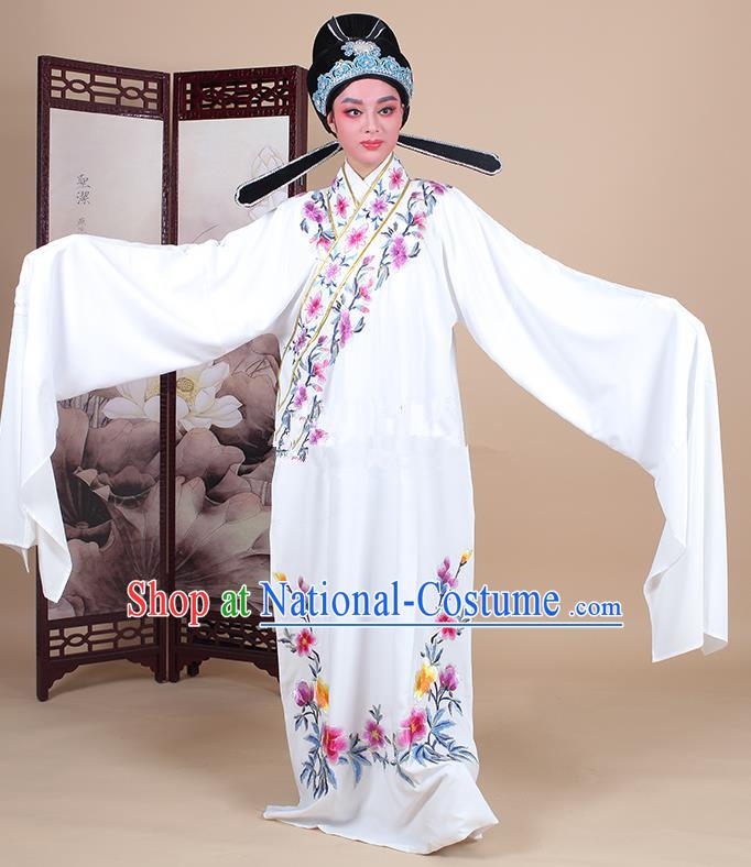 Traditional China Beijing Opera Niche Costume Lang Scholar Embroidered White Robe and Headwear, Ancient Chinese Peking Opera Embroidery Clothing