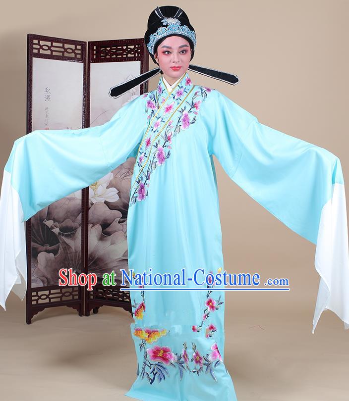 Traditional China Beijing Opera Niche Costume Lang Scholar Embroidered Blue Robe and Headwear, Ancient Chinese Peking Opera Embroidery Clothing