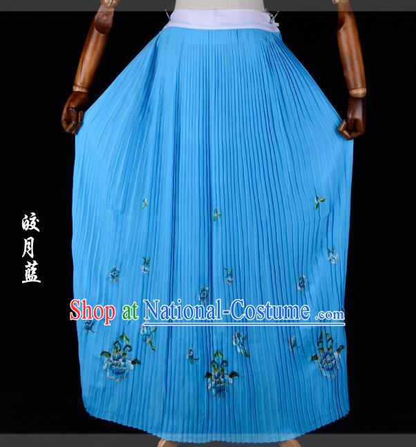 Traditional China Beijing Opera Young Lady Hua Tan Costume Female Embroidered Deep Blue Pleated Skirt, Ancient Chinese Peking Opera Diva Embroidery Peony Dress Bust Skirt