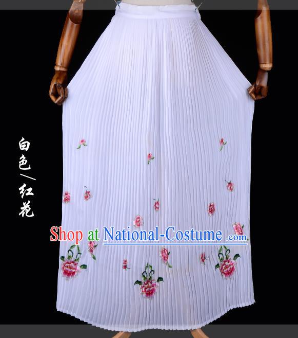 Traditional China Beijing Opera Young Lady Hua Tan Costume Female Embroidered White Pleated Skirt, Ancient Chinese Peking Opera Diva Embroidery Peony Dress Bust Skirt