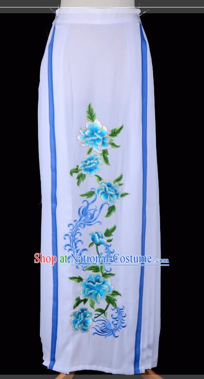 Traditional China Beijing Opera Young Lady Hua Tan Costume Embroidered Pleated Skirt, Ancient Chinese Peking Opera Diva Embroidery Blue Peony Dress Bust Skirt