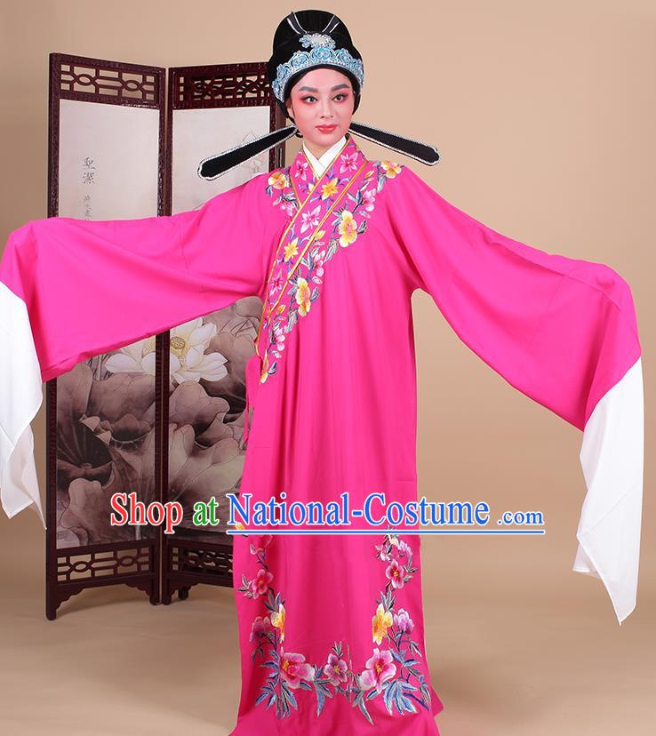 Traditional China Beijing Opera Niche Costume Lang Scholar Embroidered Peach Pink Robe and Headwear, Ancient Chinese Peking Opera Embroidery Clothing