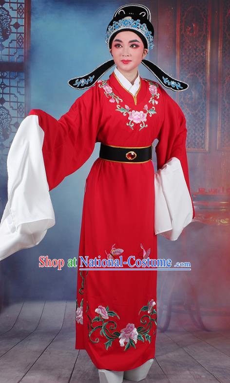 Traditional China Beijing Opera Niche Costume Lang Scholar Embroidered Red Robe and Headwear, Ancient Chinese Peking Opera Jia Baoyu Embroidery Clothing