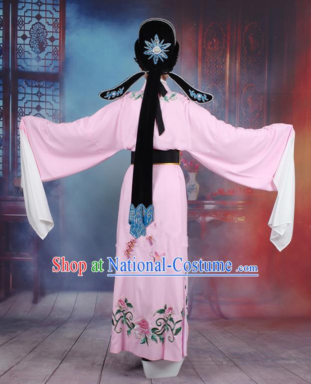 Traditional China Beijing Opera Niche Costume Lang Scholar Embroidered Pink Robe and Headwear, Ancient Chinese Peking Opera Jia Baoyu Embroidery Clothing