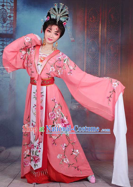 Traditional China Beijing Opera Young Lady Hua Tan Costume Peach Pink Embroidered Cape, Ancient Chinese Peking Opera Diva Embroidery Peony Water Sleeve Dress Clothing