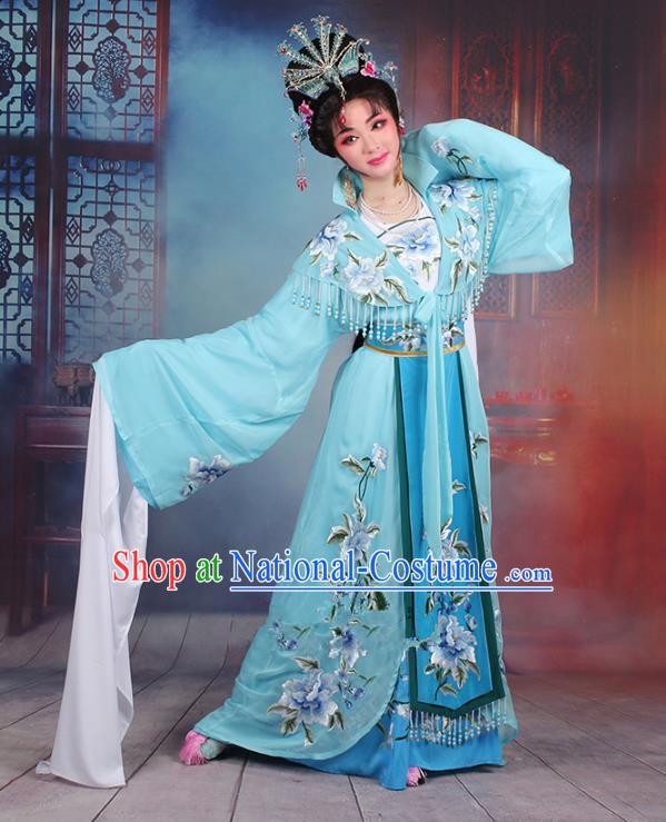 Traditional China Beijing Opera Young Lady Hua Tan Costume Imperial Concubine Blue Embroidered Cape, Ancient Chinese Peking Opera Diva Embroidery Peony Dress Clothing