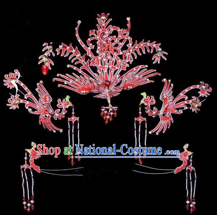 Traditional China Beijing Opera Young Lady Hair Accessories Phoenix Head-ornaments Complete Set, Ancient Chinese Peking Opera Hua Tan Headwear Diva Red Headpiece