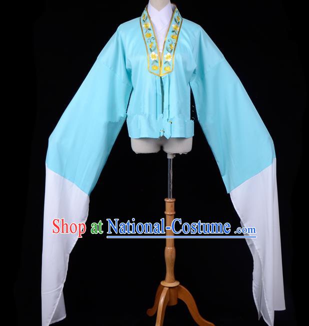 Traditional China Beijing Opera Young Lady Hua Tan Costume Princess Embroidered Blue Blouse, Ancient Chinese Peking Opera Diva Embroidery Water Sleeve Clothing