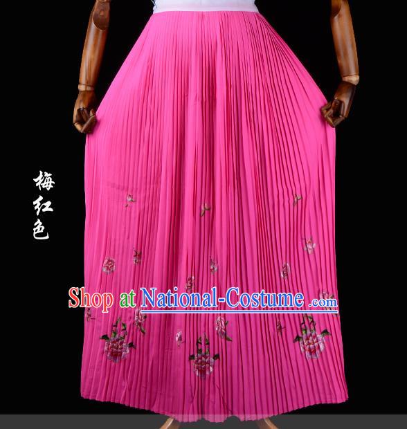 Traditional China Beijing Opera Young Lady Hua Tan Costume Female Embroidered Plum Red Pleated Skirt, Ancient Chinese Peking Opera Diva Embroidery Peony Dress Bust Skirt