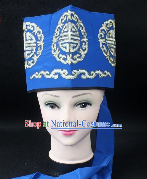 Traditional China Beijing Opera Hair Accessories Lao-Sheng Hat, Ancient Chinese Peking Opera Embroidery Blue Landlord Hat