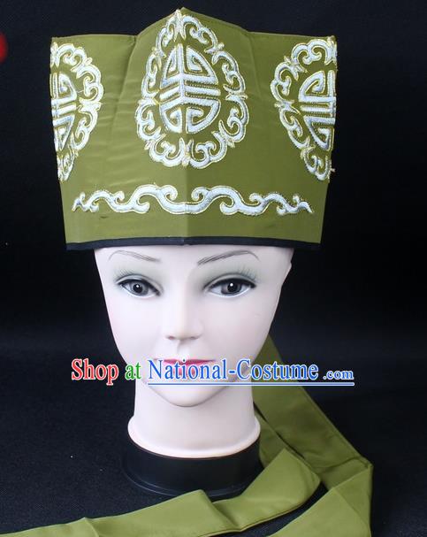 Traditional China Beijing Opera Hair Accessories Lao-Sheng Hat, Ancient Chinese Peking Opera Embroidery Green Landlord Hat