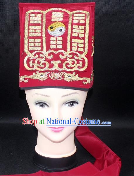 Traditional China Beijing Opera Hair Accessories Lao-Sheng Hat, Ancient Chinese Peking Opera Red Embroidery Gossip Hat