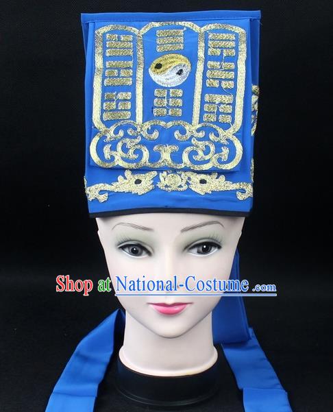 Traditional China Beijing Opera Hair Accessories Lao-Sheng Hat, Ancient Chinese Peking Opera Blue Embroidery Gossip Hat