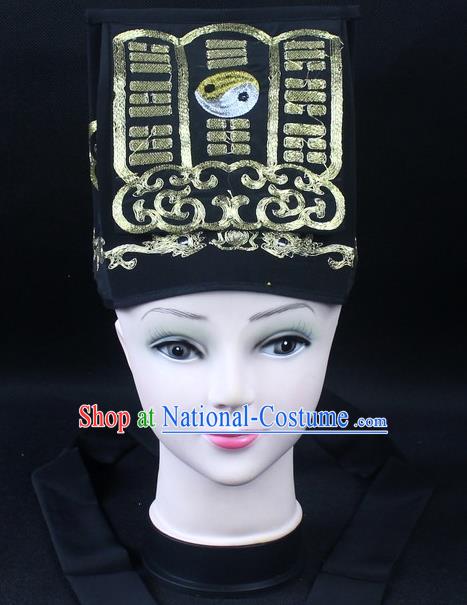 Traditional China Beijing Opera Hair Accessories Lao-Sheng Hat, Ancient Chinese Peking Opera Black Embroidery Gossip Hat