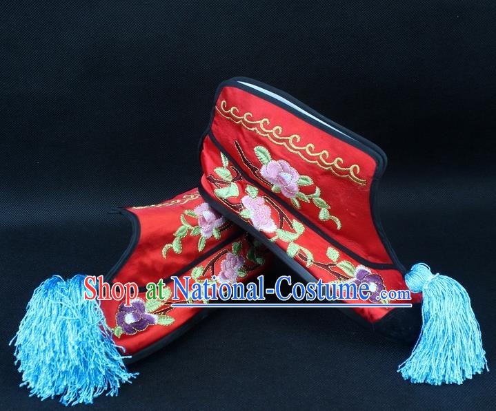 Traditional China Beijing Opera Female Warrior Embroidered Shoes, Ancient Chinese Peking Opera Blues Red Boots