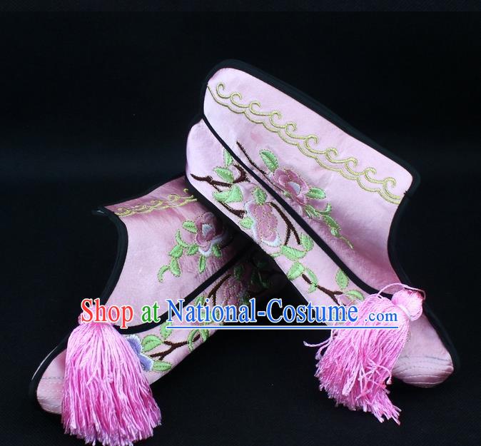 Traditional China Beijing Opera Female Warrior Embroidered Shoes, Ancient Chinese Peking Opera Blues Pink Boots