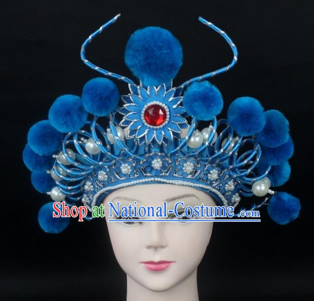 Traditional China Beijing Opera Swordplay Hair Accessories Blue Venonat Hat, Ancient Chinese Peking Opera Blues Headwear