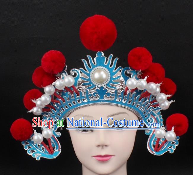 Traditional China Beijing Opera Hair Accessories Red Venonat General Hat, Ancient Chinese Peking Opera Takefu Helmet Headwear