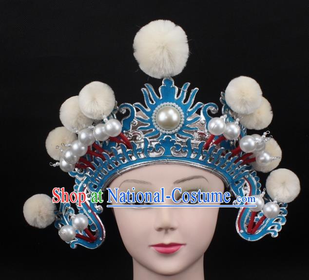 Traditional China Beijing Opera Hair Accessories White Venonat General Hat, Ancient Chinese Peking Opera Takefu Helmet Headwear