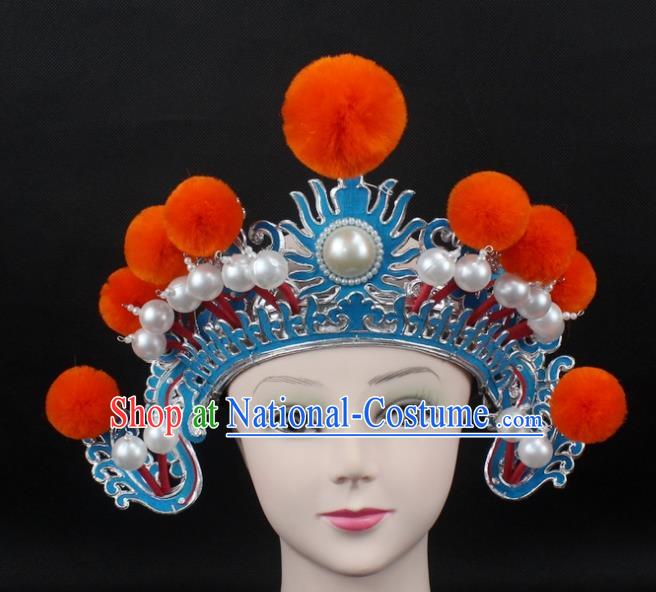 Traditional China Beijing Opera Hair Accessories Orange Venonat General Hat, Ancient Chinese Peking Opera Takefu Helmet Headwear