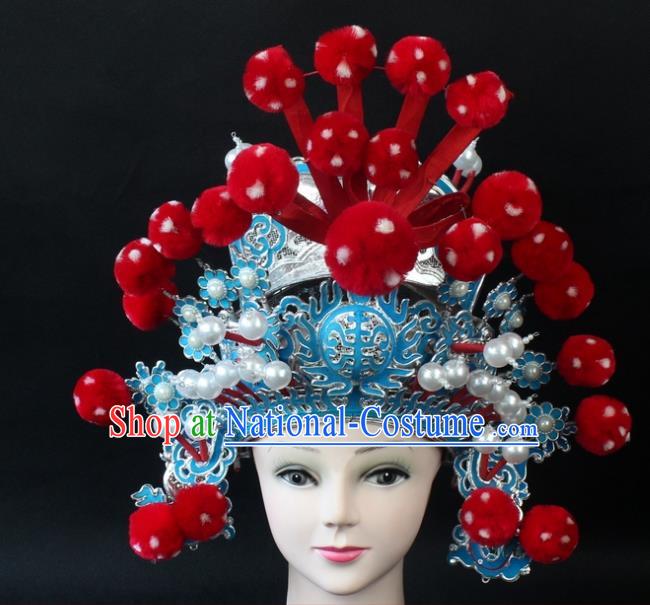 Traditional China Beijing Opera Headpiece General Helmet, Ancient Chinese Peking Opera Takefu Red Venonat Hat Headwear