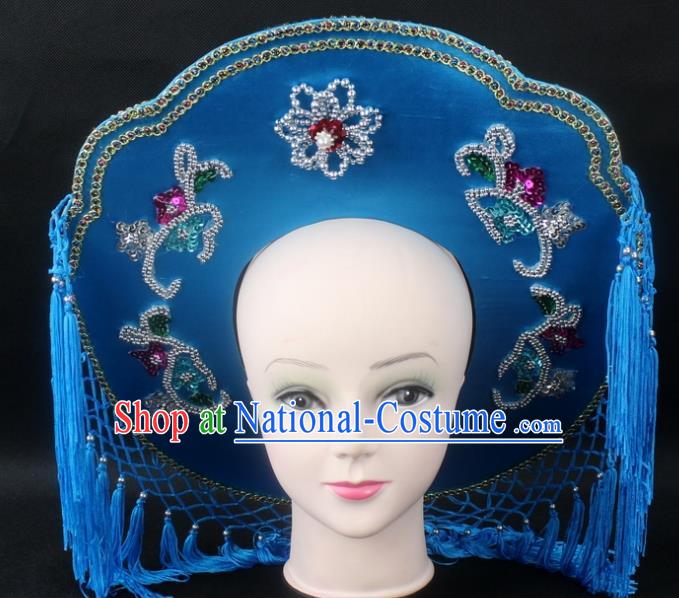 Traditional China Beijing Opera Hair Accessories Fisher-Woman Blue Hat, Ancient Chinese Peking Opera Swordplay Helmet Headwear