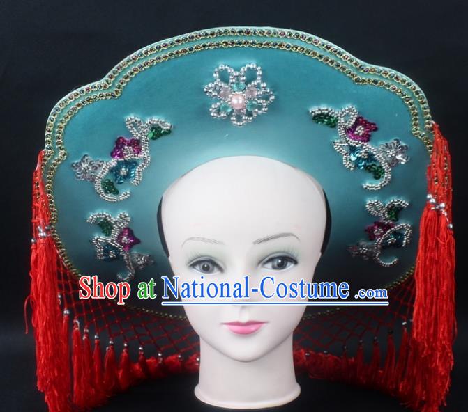 Traditional China Beijing Opera Hair Accessories Fisher-Woman Green Hat, Ancient Chinese Peking Opera Swordplay Helmet Headwear