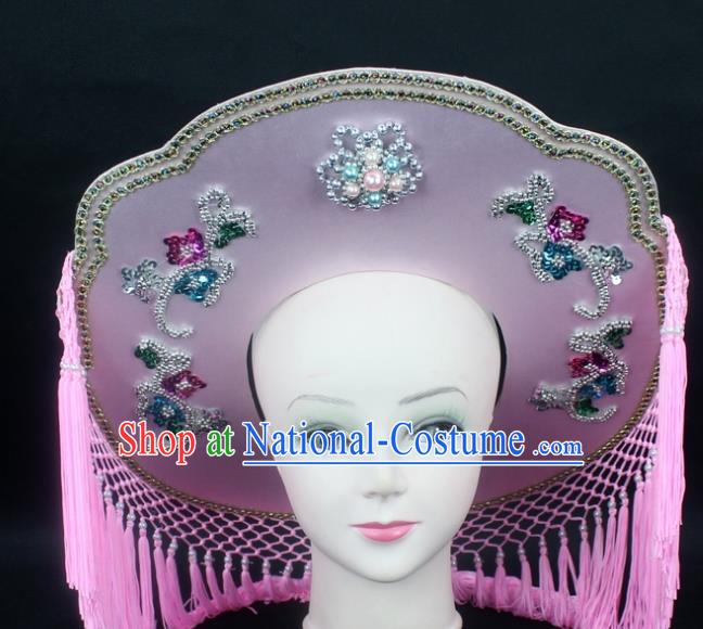 Traditional China Beijing Opera Hair Accessories Fisher-Woman Pink Hat, Ancient Chinese Peking Opera Swordplay Helmet Headwear