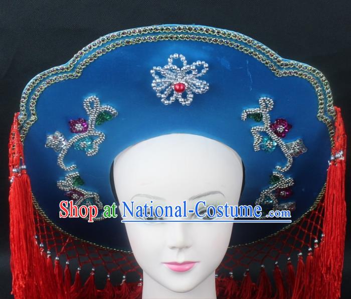 Traditional China Beijing Opera Hair Accessories Fisher-Woman Red Veil Hat, Ancient Chinese Peking Opera Swordplay Helmet Headwear