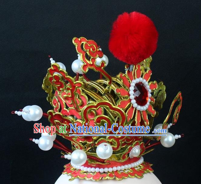 Traditional China Beijing Opera Lang Scholar Niche Sun Wukong Red Tuinga, Ancient Chinese Peking Opera Crown Prince Headwear