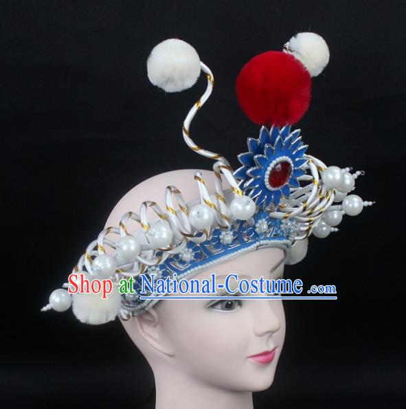 Traditional China Beijing Opera Swordplay Hair Accessories Pearls Hat, Ancient Chinese Peking Opera Blues Headwear